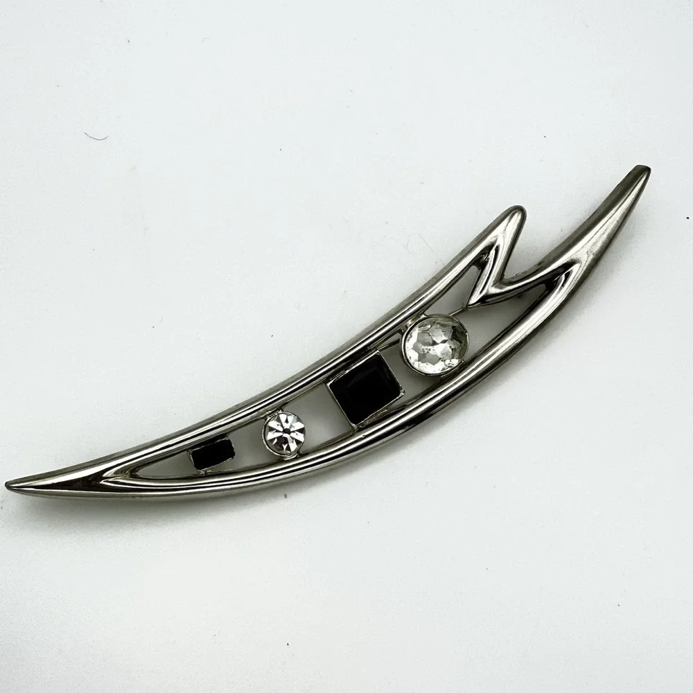 Large Modernist Bar Brooch Silver Tone Black Clear Rhinestone 5.25